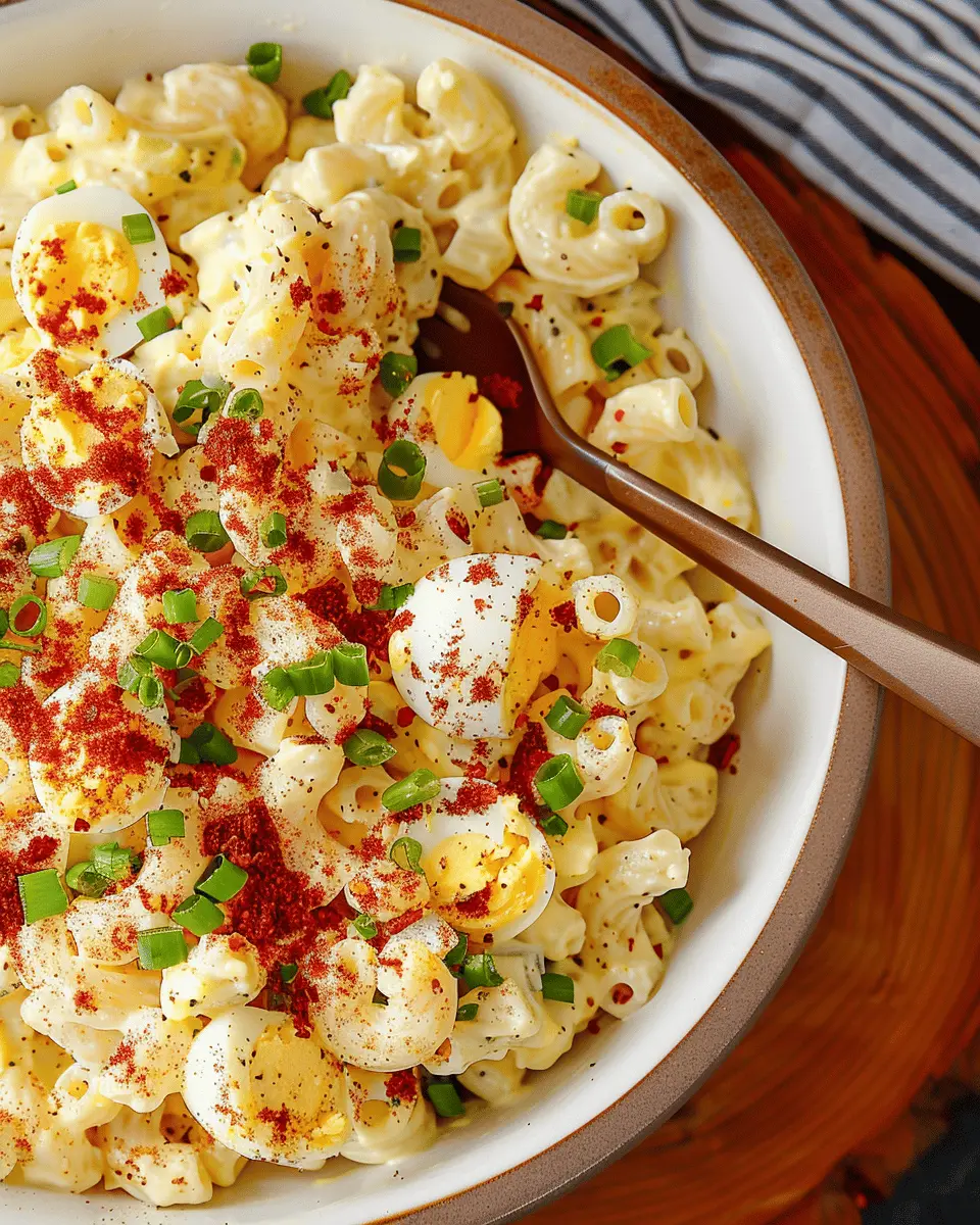 Creamy Deviled Egg Pasta Salad with Turkey Bacon and Chicken Ham