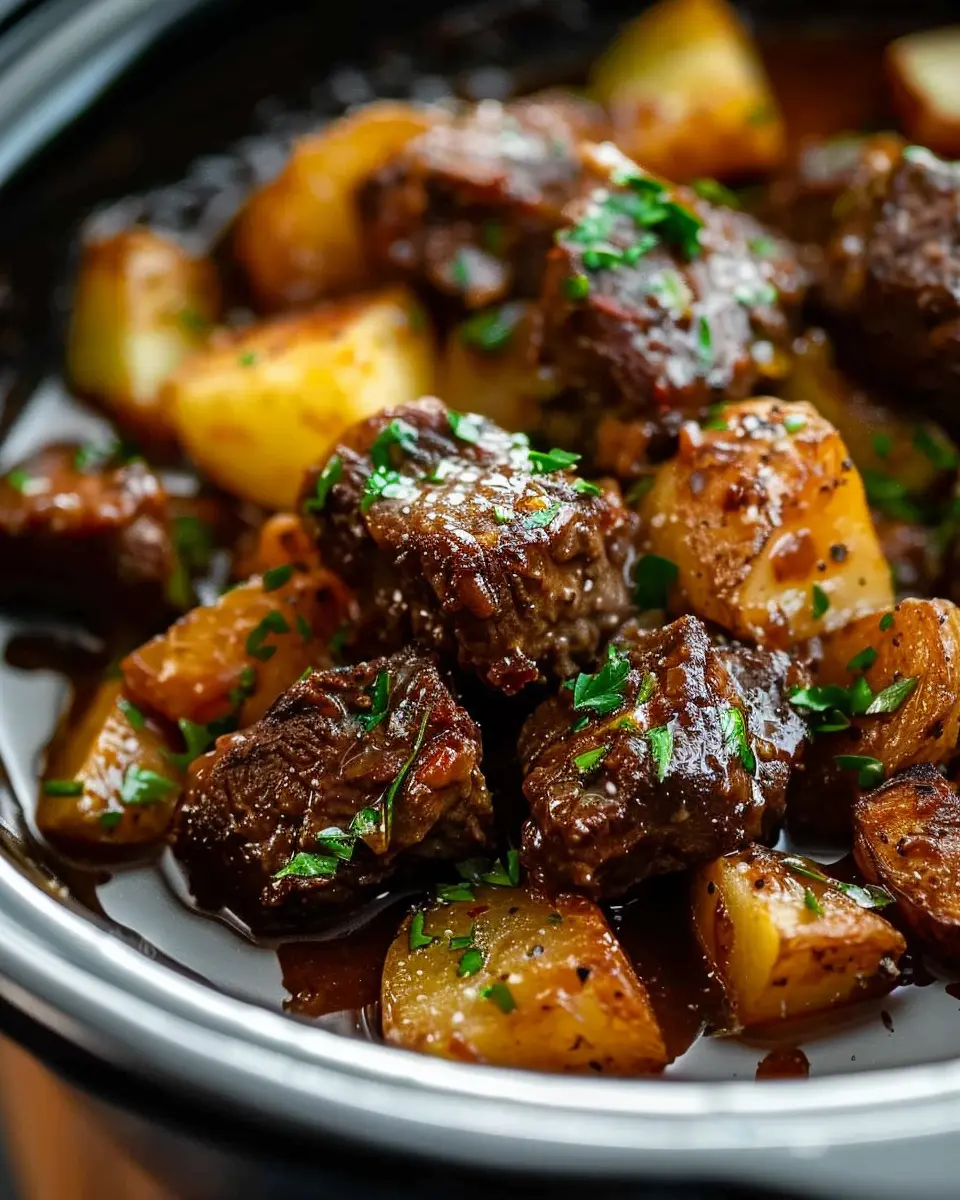 Slow Cooker Garlic Butter Beef Bites & Potatoes