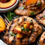 Closeup of a grilled chicken breast topped with peach salsa, beside a small pile of white rice, on a folded cloth napkin with a fork, with more whole fruit in the background. Grilled Chicken with Peach Chipotle Sauce 5 Stars 4 Stars 3 Stars 2 Stars 1 Star 5 from 1 review Author: Meghan Yager Total Time: 40 minutes Yield: 4 servings 1x Print Recipe Pin Recipe Spice up your average chicken by serving it grilled with peach chipotle sauce. This healthy meal is smoky and sweet, and ideal for summer. Ingredients Scale 1x 2x 3x 4 peaches, peeled and sliced into quarters 2 stalks green onion, thinly sliced 1 canned chipotle pepper in adobo, plus 2 tsp sauce from the can 1/2 cup freshly chopped cilantro 1 1/2 tsp salt, divided 1 1/2 tsp ground black pepper, divided 1/2 tsp cayenne pepper 4 boneless, skinless chicken breasts Cook Mode Prevent your screen from going dark Instructions Preheat grill to high heat. Arrange peach quarters on the grill, and cook for approximately 3-4 minutes on each side. Remove from grill and set aside to cool. Chop the peaches and chipotle pepper. Place in a medium bowl with the scallion and adobo sauce. Toss to coat. Gently fold in cilantro, 1/2 teaspoon salt, and 1/2 teaspoon black pepper. Refrigerate until ready to serve. In a small bowl, stir together with the cayenne, and remaining salt and black pepper. Season chicken breasts on both sides with the spice mixture. Place on the grill and cook for approximately 5-7 minutes per side, until the internal temperature reaches 165°F. Serve immediately, topped with peach chipotle sauce. Prep Time: 10 minutes Cook Time: 30 minutes Category: Chicken Method: Grill Cuisine: Protein Did you make this recipe? Tag @foodal_blog on Instagram and hashtag it #EatFoodal Cooking By the Numbers… Step 1 – Prep Produce and Measure Remaining Ingredients Peel the peaches, then remove the pits. Slice into quarters and set aside. Thinly slice the green onion. Three peaches, an open can of chipotle peppers in adobo, and small glass dishes of chopped scallions, cilantro, salt, and pepper, on a piece of burlap.