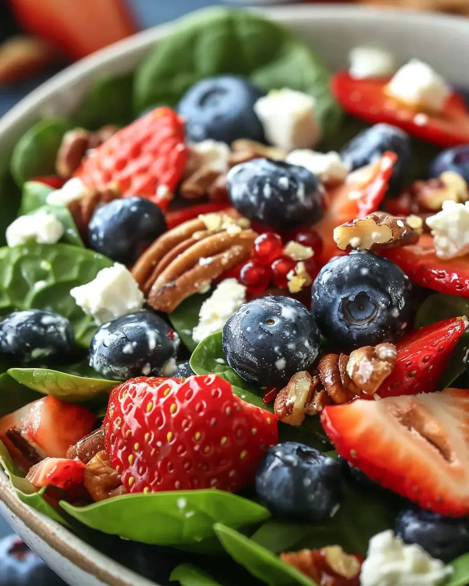 Best Strawberry & Blueberry Spinach Salad with Pecans and Feta