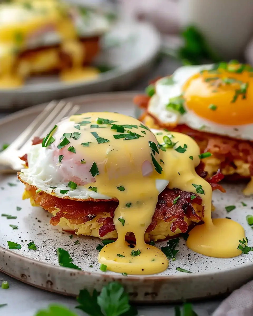 Easy Latke Eggs Benedict with Turkey Bacon and Chicken Ham Twist