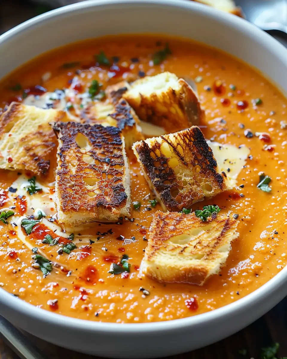 Creamy Tomato Bisque with Grilled Cheese Croutons