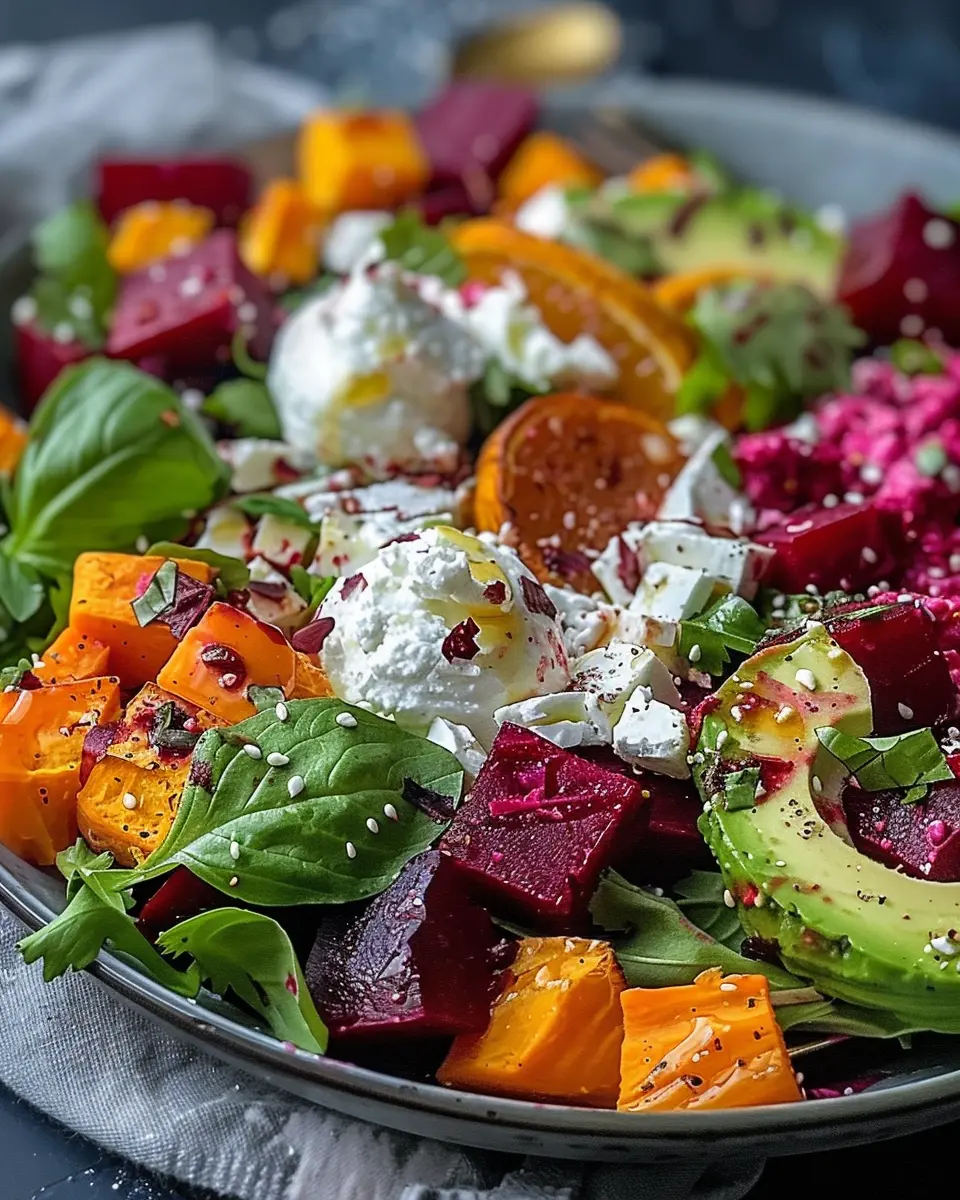Roasted Beet Salad: Savory Sweet Potato &amp; Avocado Delight with Ricotta