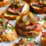 Steak Crostini with a Creamy Horseradish Sauce and Caramelized Onions