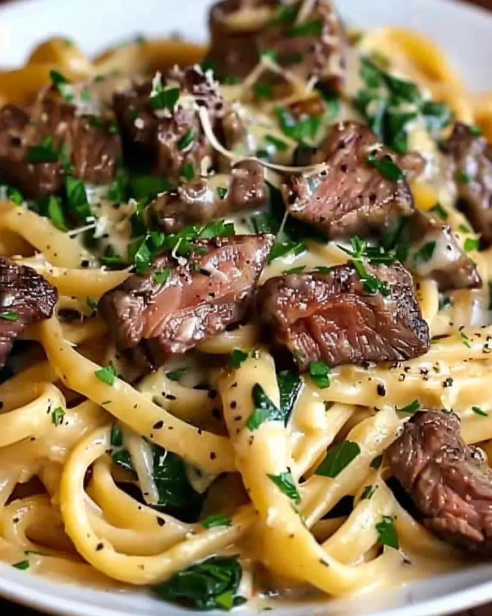 Creamy Cowboy Butter Linguine with Steak Bites &amp; Spinach Recipe
