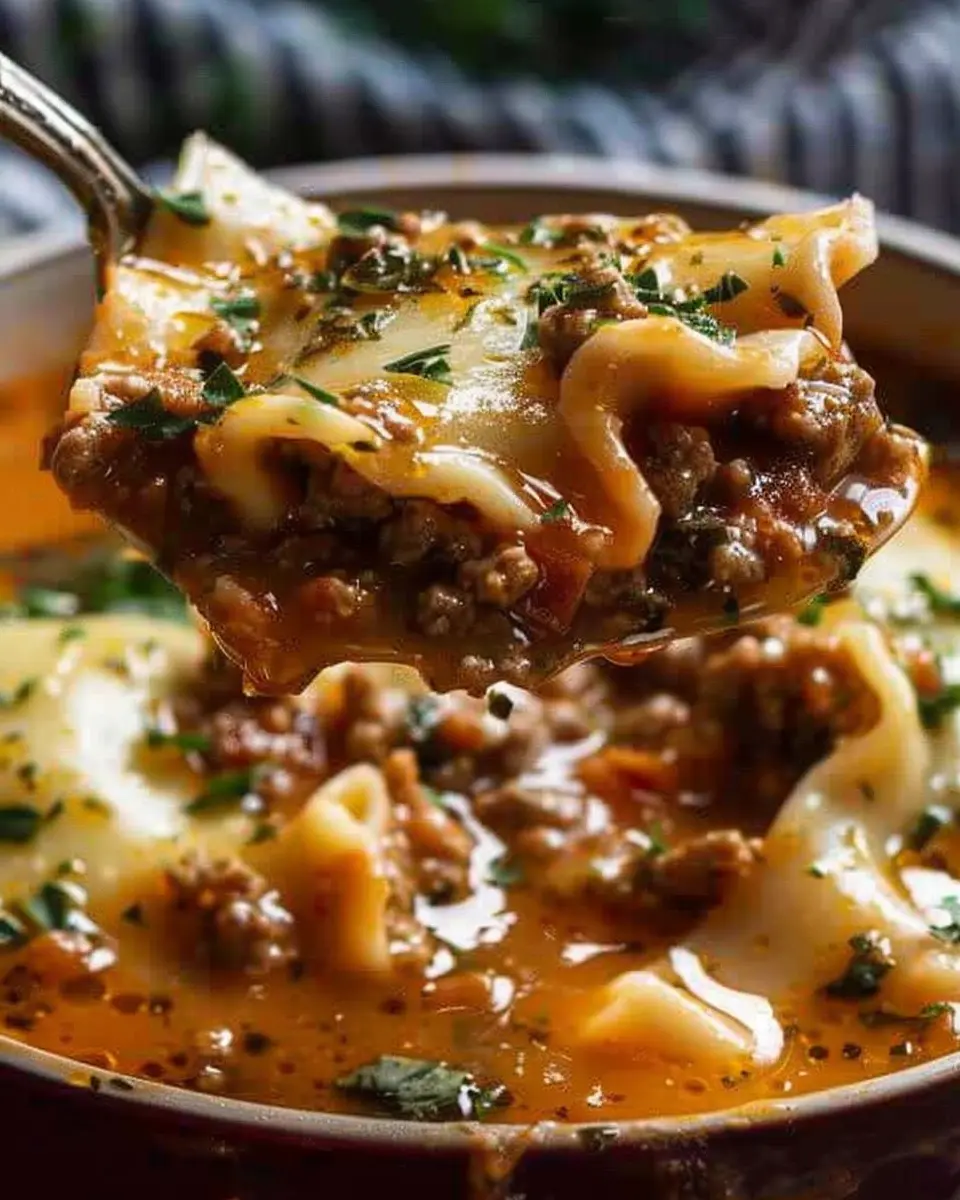 Mouthwatering One Pot Lasagna Soup with Turkey Bacon and Chicken Ham