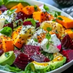 Roasted Beet, Sweet Potato & Avocado Salad with Whipped Ricotta & Lemon-Tahini Drizzle